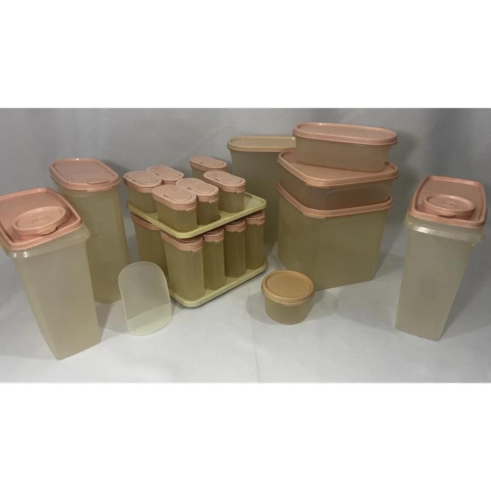 Lot Of 49 Vintage Tupperware Pink Spice Rack with Carousel, Cups, Cereal